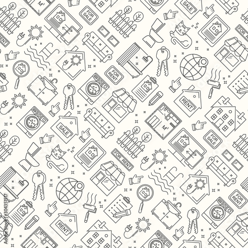 Seamless real estate line style pattern. Vector linear background with sale and rent buildings, house, flat and room.