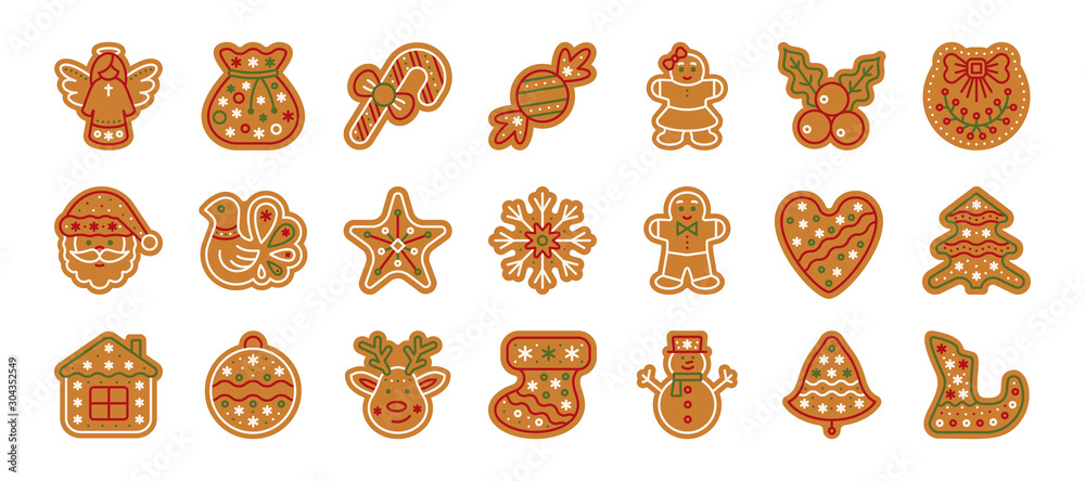 Christmas gingerbread xmas cookie flat icon set - obrazy, fototapety, plakaty 