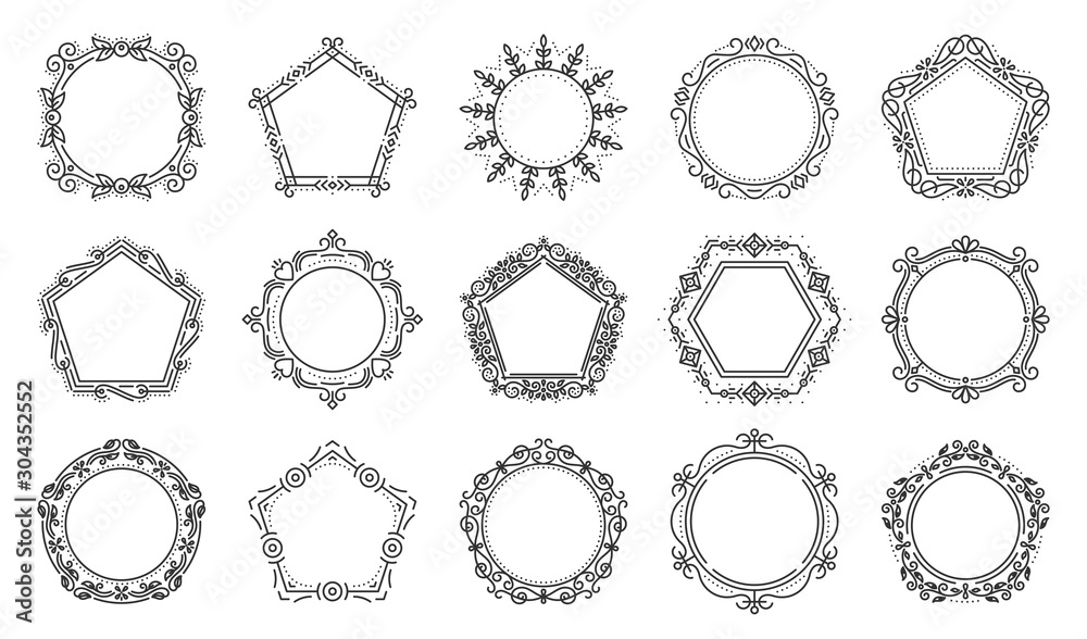 text frame monogram hexagon circle art vector set
