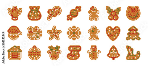 Christmas gingerbread xmas cookie flat icon set