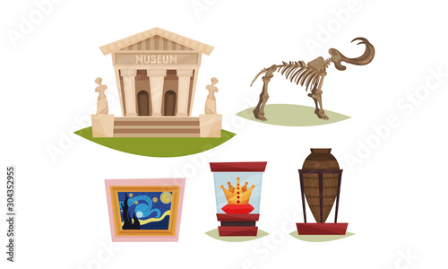 Museum Exhibit Items Isolated On White Background Vector Set