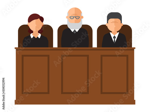 Court trial vector illustration. Courtroom interior with judges and lawyer. Law and criminal, crime and justice in courthouse concept.