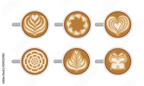 Latte Art Top Viewed Vector Set. Coffee Design Concept