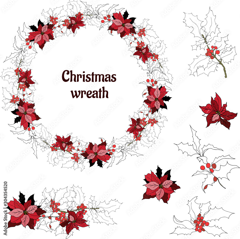 Set of gentle floral elements on a white background. Christmas wreath of contour branches and red flowers. Set of gentle floral elements on a white background. Christmas wreath of contour branches and red flowers.