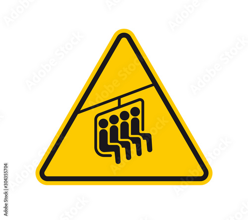 Vector yellow triangle sign - black silhouette chair lift for 4 people. Isolated on white background.
