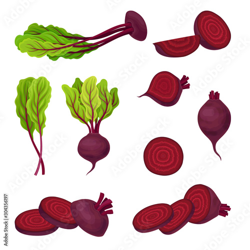 Beetroot with Top Leaves and Half of Beet Vector Set