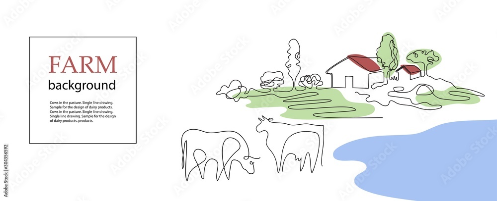 Horizontal banner. Cows and village houses. Agricultural template. - obrazy, fototapety, plakaty 