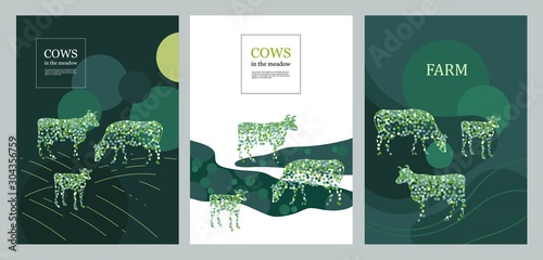 Agricultural backgrounds. Cows made up of circles. Silhouettes of cows. Geometrical composition.