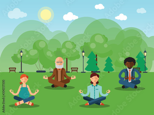 Group of people doing yoga lotus asana outdoor in summer park. Fitness and health lifestyle for all vector illustration. Grandpa and pregnant girl, men and women together