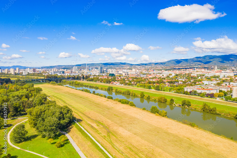 Croatia, city of Zagreb, aerial view of Sava river and modern skyline in autumn day