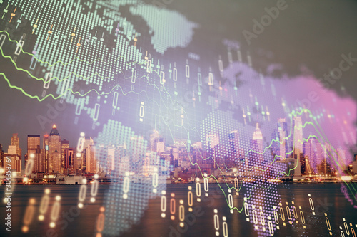 Financial graph on night city scape with tall buildings background double exposure. Analysis concept.