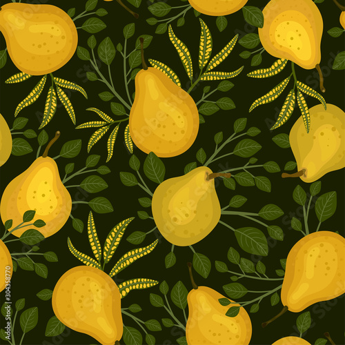 Yellow pears seamless pattern. Summer-autumn tropical background in hand drawn style. Fruit and foliage on a dark green backdrop. Creative floral print for fabric, label, packaging, Wallpaper...Vector