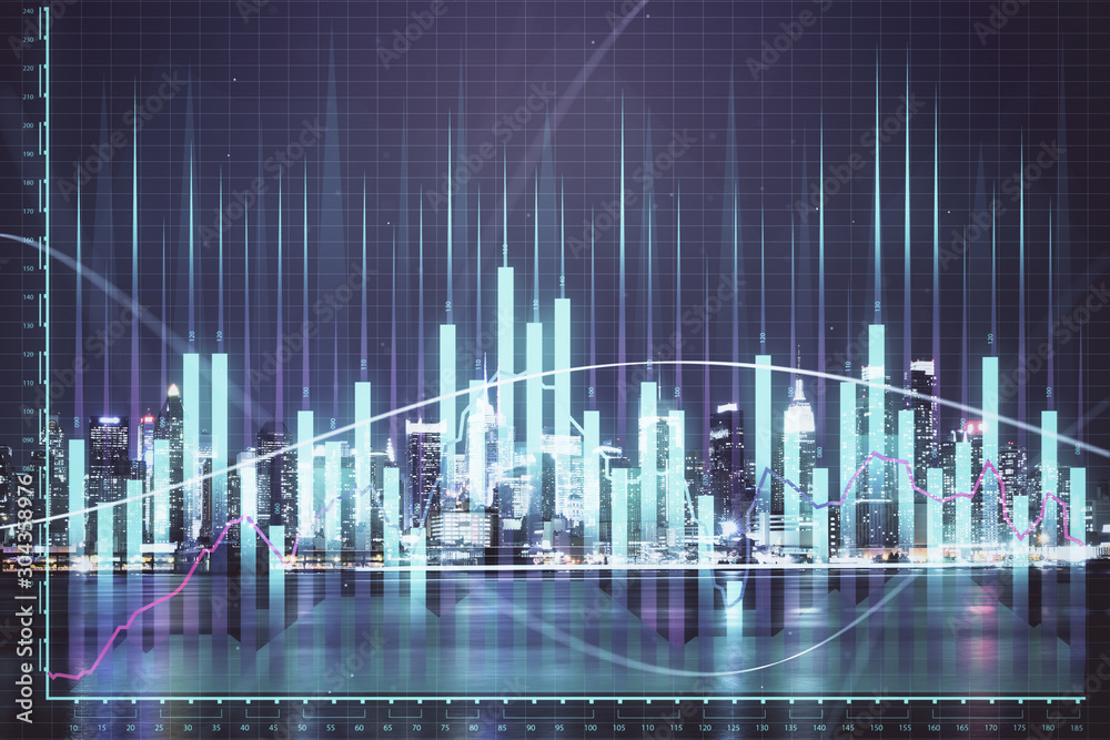 Financial graph on night city scape with tall buildings background multi exposure. Analysis concept.