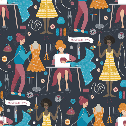 Sewing workshop seamless repeat vector pattern with illustrations of sewing and dressmaking women, sewing equipment, tools for card, poster, flyer, cover, banner and other use.