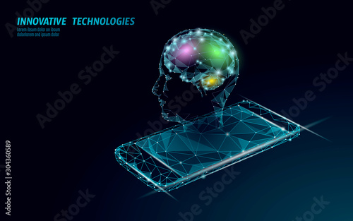 Virtual assistant voice recognition service technology. AI artificial intelligence robot support. Chatbot brain on smartphone system low poly vector illustration