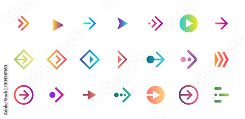 Swipe arrow right gradient button icon set. Application and social network scroll pictogram for web design or app. Vector flat modern next direction pointer ui interface collection illustration