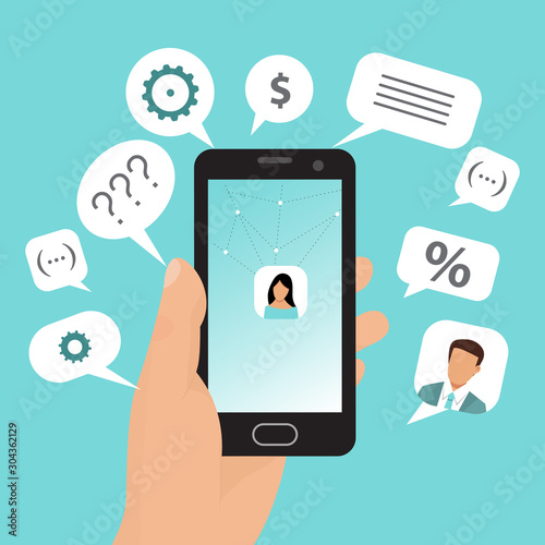 Hand holds phone with a speech bubbles around vector illustration. Communications icons, text bubble, screen messages around smartphone.