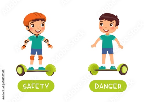 Flashcard with antonyms for kids vector template. Word card for foreign language studying. Antonyms concept, safety and danger. Cute boy with gyroscooter flat illustration with typography