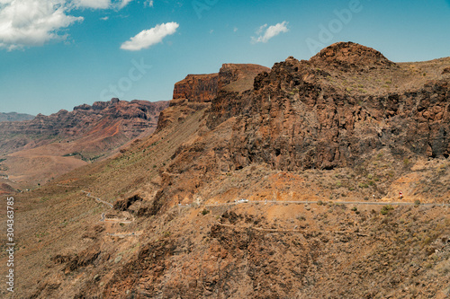 View of the canyon from Degollada de La Yegua viewpoint on San Bartolome de Tirajana, Gran Canaria island in tropical Canary island, Spain in Atlantic ocean. 