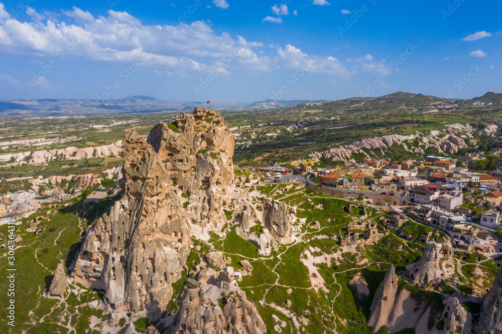 aerial view of Uchisar Castle in Cappadocia Goreme Valley