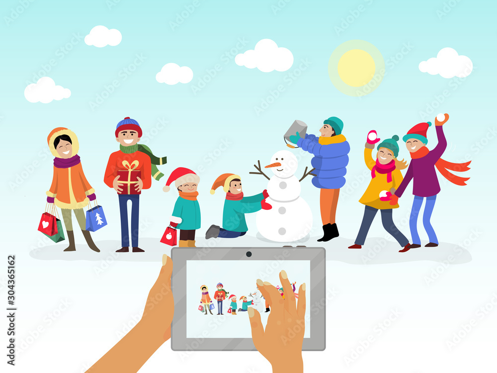 Fototapeta premium Happy family photo vector illustration. Parents and kids together on portrait. Photography of family in winter park