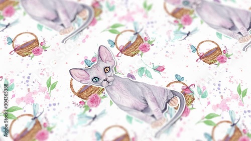 Abstract background with hand drawn watercolor cats and flowers. Seamless looping 4K footage.	