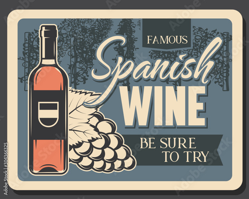 Vector winery grand reserve, wine production factory and shop, red or white wine bottle and grape vineyard. Spanish wine, winemaking house and store vintage poster