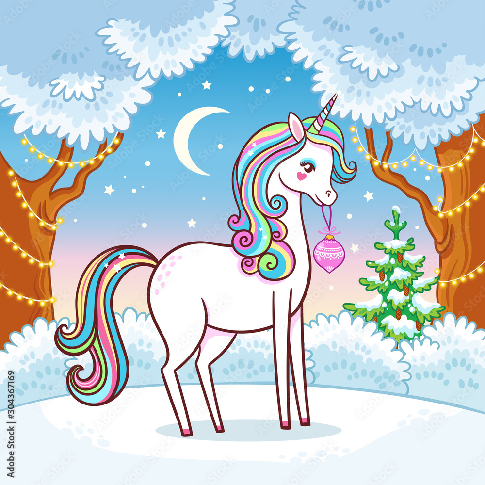 custom made wallpaper toronto digitalCute unicorn stands in the middle of a winter forest. Vector illustration of a mythical animal .