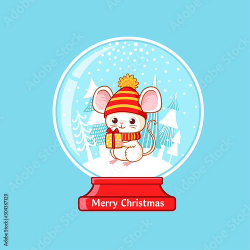 Magic christmas ball with mouse inside on a blue background. Vector illustration on a Christmas theme.
