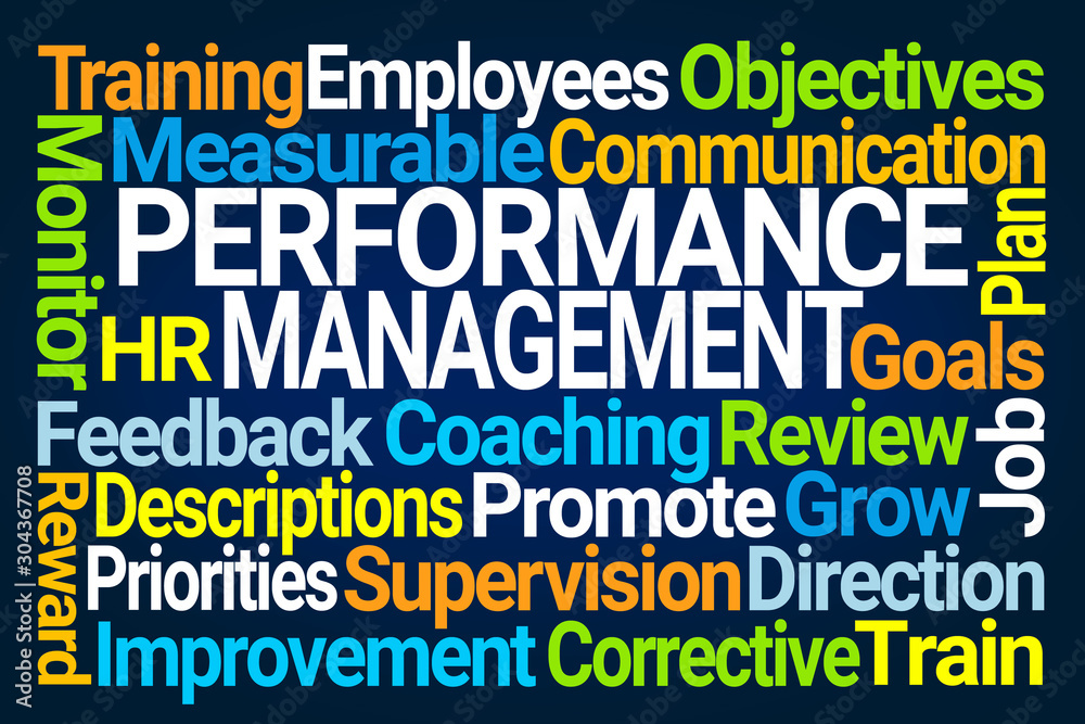 Performance Management Word Cloud on Blue Background