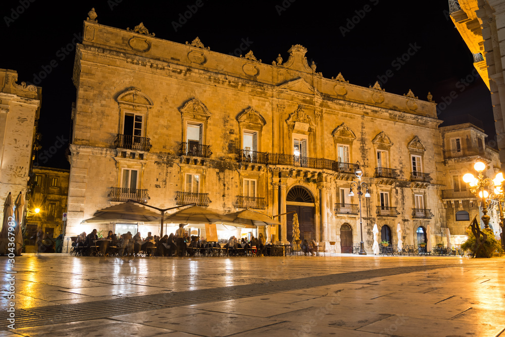 Night shot of square and baroque building in beautiful ancient Italian city (Syracuse) on the island of Sicily