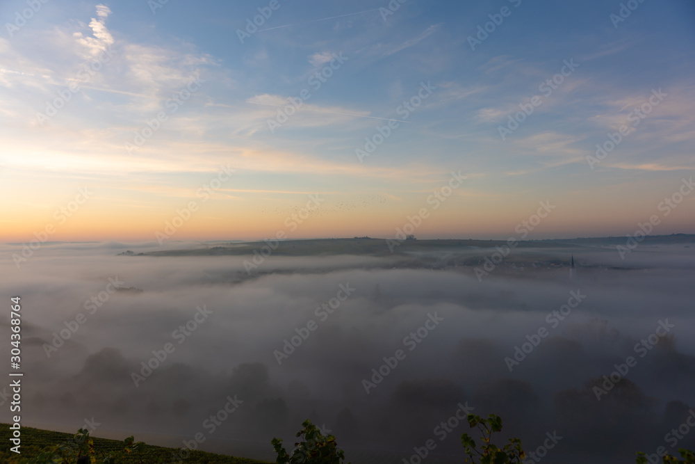 Fototapeta premium Sonnenaufgang in den Weinbergen über dem herbstlichen Main im Nebel