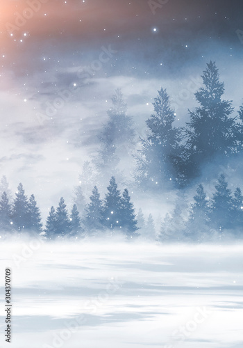 Winter abstract landscape. Sunlight in the winter forest. Snowy nature scene. Cold weather, frosty day.