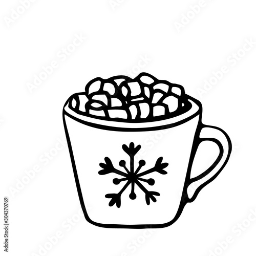 Hand drawn illustration. Marshmallow  mug  snowflake  lines on white  background  isolated  sketch  Doodle
