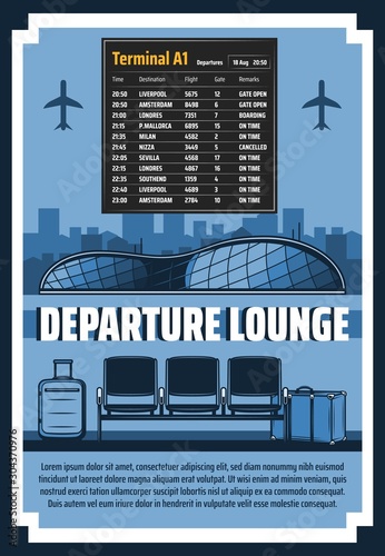 Airport flights time schedule and departure lounge terminal Vector travel and journey theme, international airport departure hall and traveler bags, airlines