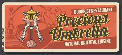 Buddhism religious culture, oriental cuisine restaurant retro poster. Vector Buddhism religion symbols, precious umbrella and lotus flower, Yin Yang sign and sanctuary stupa shrine