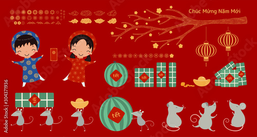 Set of Tet design elements, kids in ao dai, rats, tree branch, gold, rice cakes, watermelon, fireworks, flowers, Vietnamese text Happy New Year. Hand drawn vector illustration. Flat style. Isolated.
