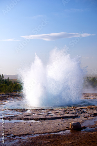 Geysir destrict in the south of Iceland.The Strokkur Geyser erupting at the Haukadalur geothermal area, part of the golden circle, Iceland, Europe