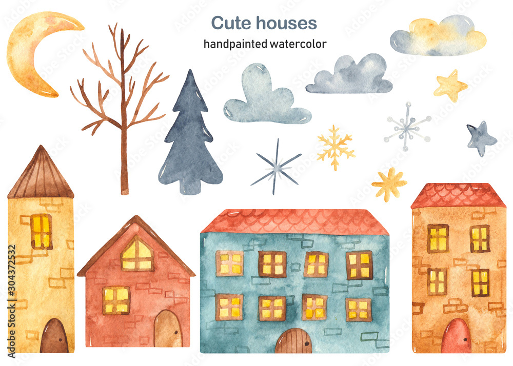 Watercolor clipart cute cartoon multi-story houses, tree, spruce, clouds, crescent, stars, snowflakes