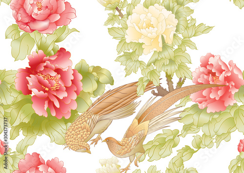 Peony tree branch with flowers with pheasants in the style of Chinese painting on silk Seamless pattern, background. Colored vector illustration. Isolated on white background..