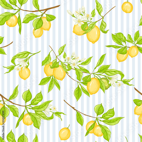 Lemon tree branch with lemons, flowers and leaves. Seamless pattern, background. Colored vector illustration. On blue and white stripes background..
