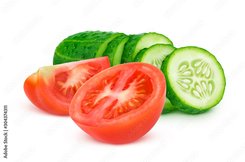Fresh tomato and sliced cucumber isolated on white background