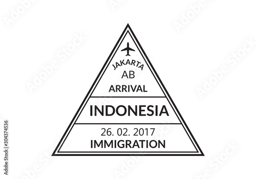 Indonesia passport stamp. Visa stamp for travel. Jakarta international airport grunge sign. Immigration, arrival and departure symbol. Vector illustration.