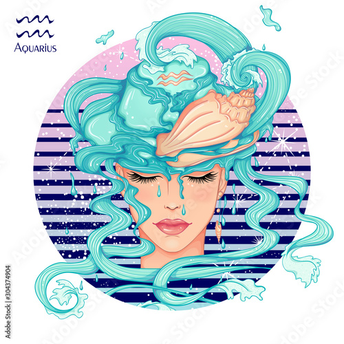 Zodiac. Vector illustration of the astrological sign of Aquarius as a beautiful fashion girl in hat. Sign inscribed in a round shape isolated on white background. Fashion woman