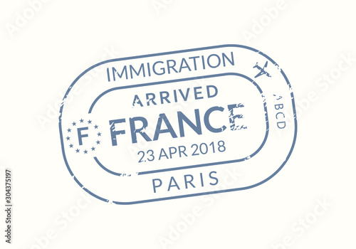 France Passport stamp. Visa stamp for travel. Paris international airport grunge sign. Immigration, arrival and departure symbol. Vector illustration.