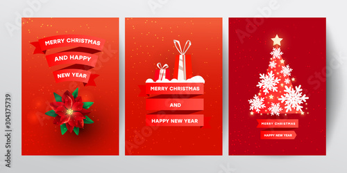 Creative vector illustration set with red Christmas decor, snowflakes, gifts and red poinsettia flower on a red background.