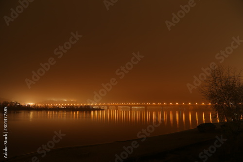 Night landscape of the fog and bridge in Kiev city