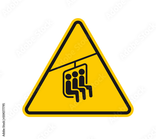Vector yellow triangle sign - black silhouette chair lift for 3 people. Isolated on white background.
