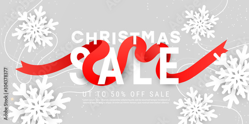 Merry Christmas vector illustration design card template with 3d white snowflakes, red ribbon on grey background with copy space