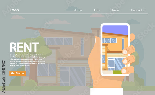 Houses for rent. The hand keeps smartphone the choice of the house in the application.Real estate concept.Rural building.